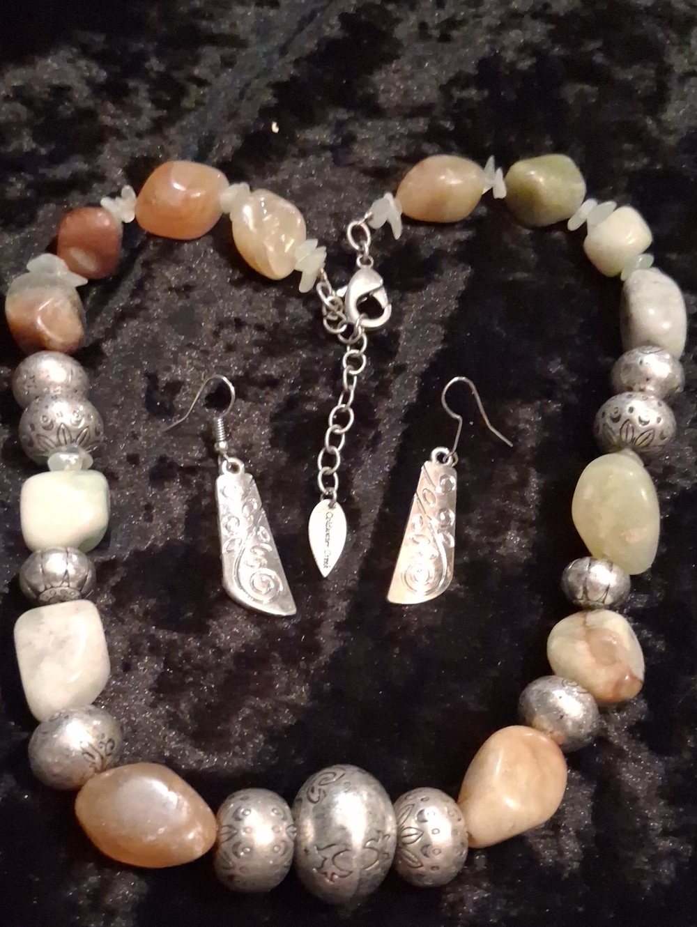 Coldwater Creek Multicolor Stone and Silver-Bead Necklace with Dangle Earrings.